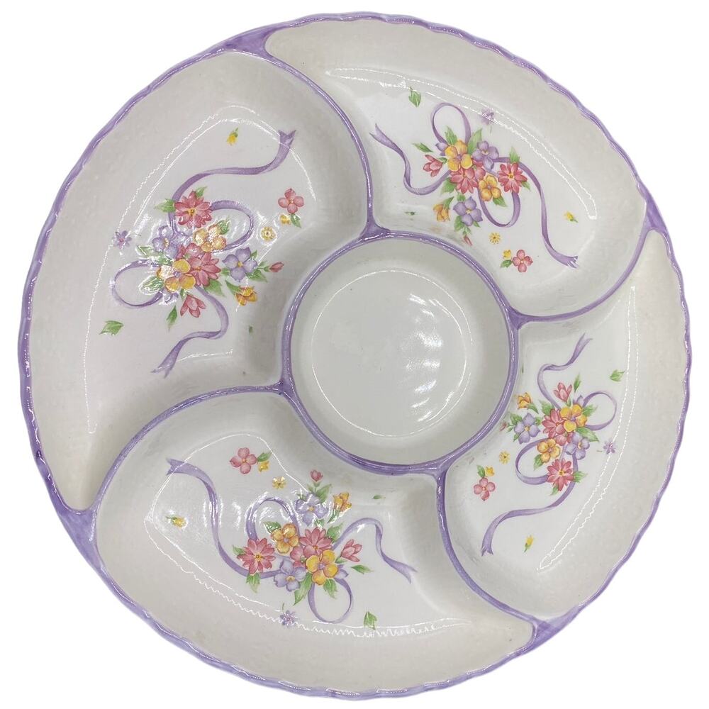 Tominaga Ceramic Division Platter relish Japan ribbon flower Purple FLAW